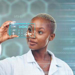 Black African woman, doctor and futuristic screen for digital DNA