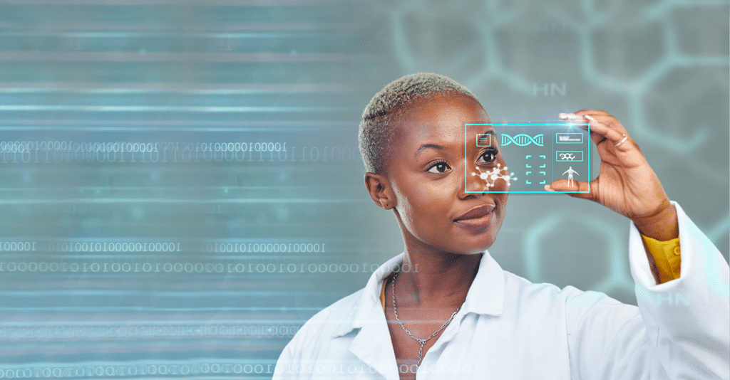 Black woman, doctor and futuristic screen for digital DNA, science or data analytics on overlay.