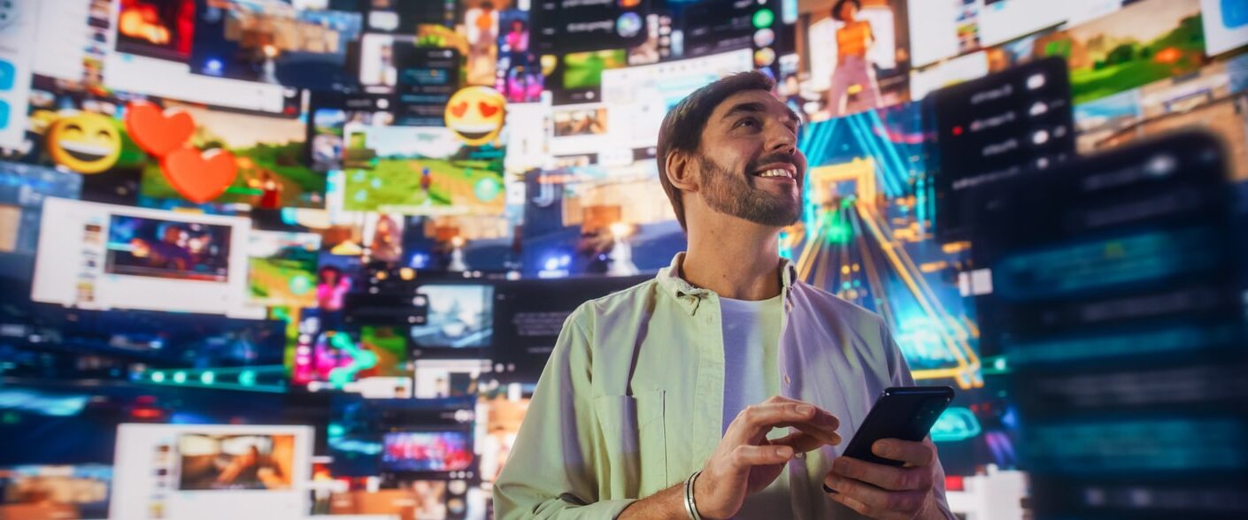 Young man surrounded by different brands as a consumer