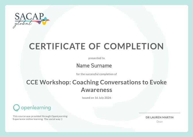 SACAP Global certificate of completion for the Coaching Conversations to Evoke Awareness CCE workshop
