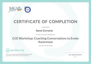 SACAP Global certificate of completion for the Coaching Conversations to Evoke Awareness